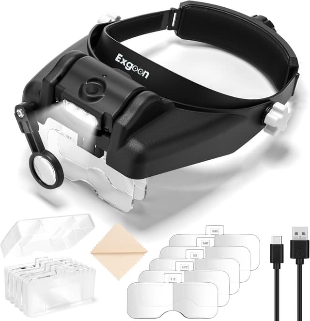 Detalle de Exgoon Lupe mit Licht – Stirnbandlupe mit bis zu 14-facher Vergrößerung, 6 abnehmbaren Linsen (Schwarz)