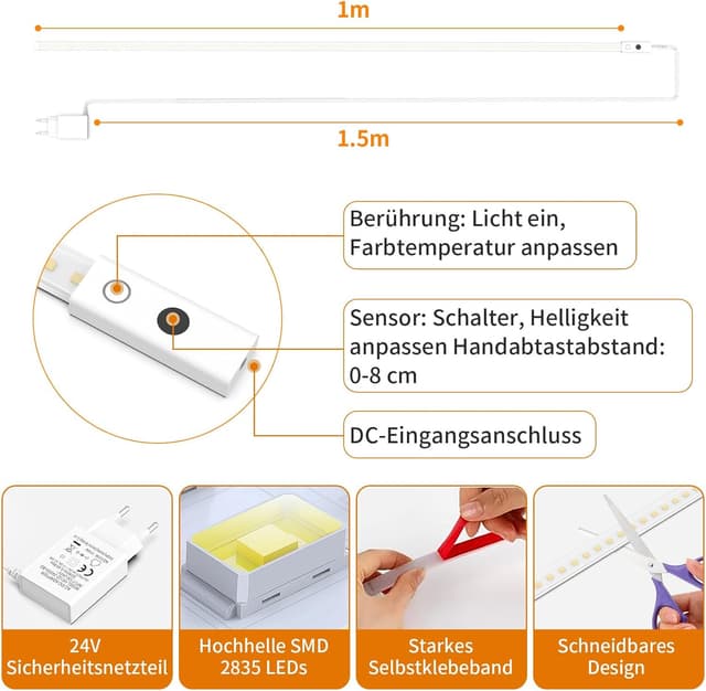 Detalle 2 de SIBI LIGHTING LED-Unterbauleuchte (2 Stück) 1 m, dimmbar – mit Handsensor, 24V-Netzteil