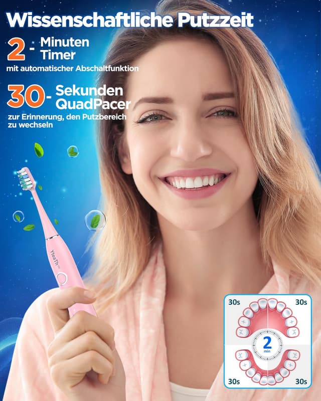 Detalle de Elektrische Schallzahnbürste für Erwachsene und Kinder mit 5 Putzmodi, Timer und 8 Bürstenköpfen