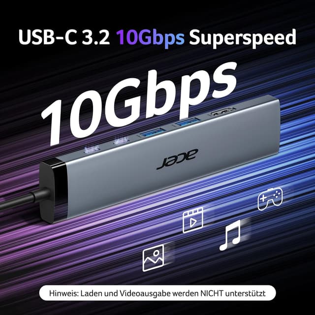 Detalle de acer 8-in-1 USB-C Hub (10Gbps) mit HDMI 4K@60Hz, SD/TF und USB-C PD bis 100W