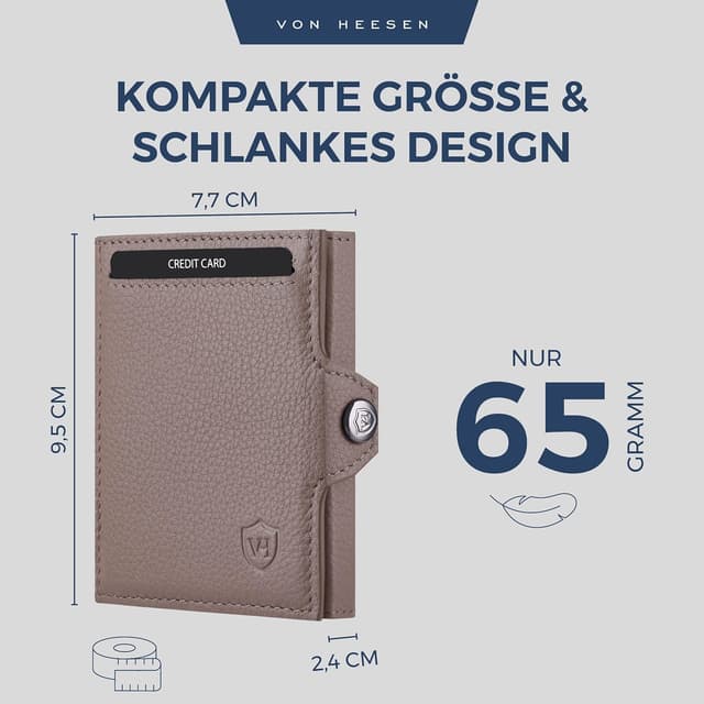 Detalle de VON HEESEN Slim Wallet mit XXL Münzfach & RFID-Schutz – Taupe, Leder-Geldbeutel im Kartenformat