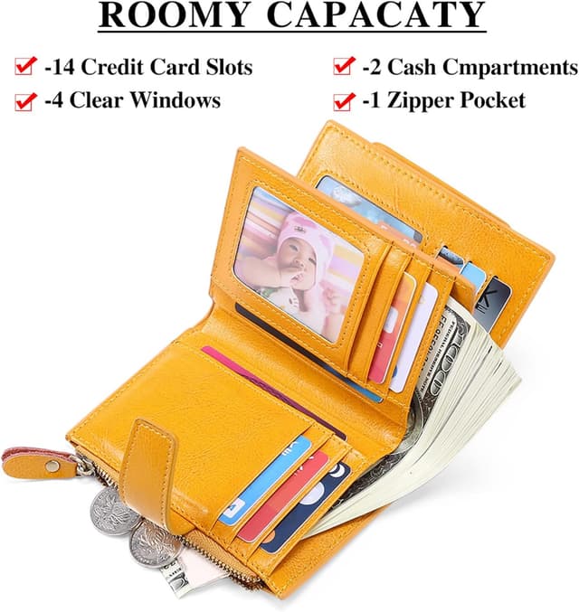 Detalle de SENDEFN Women’s RFID Blocking Leather Small Compact Bi-fold Wallet with ID Window (13 x 10 x 3 cm)