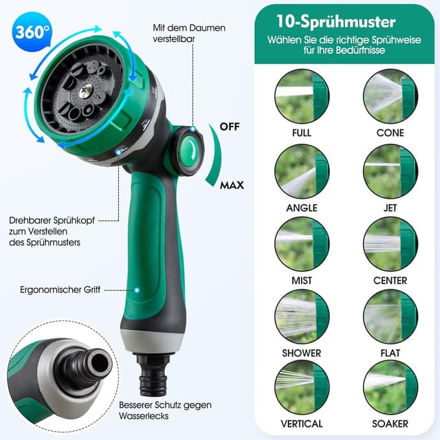 Detalle de JUNEBOW® Gartenschlauch 30 m Flexibel Wasserschlauch mit 10-Funktionen-Sprühkopf und 3-facher Flexibilität