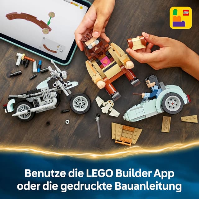 Detalle de LEGO Harry Potter 76443 „Hagrids und Harrys Motorradtour“ mit Motorrad, Beiwagen & Eule Hedwig