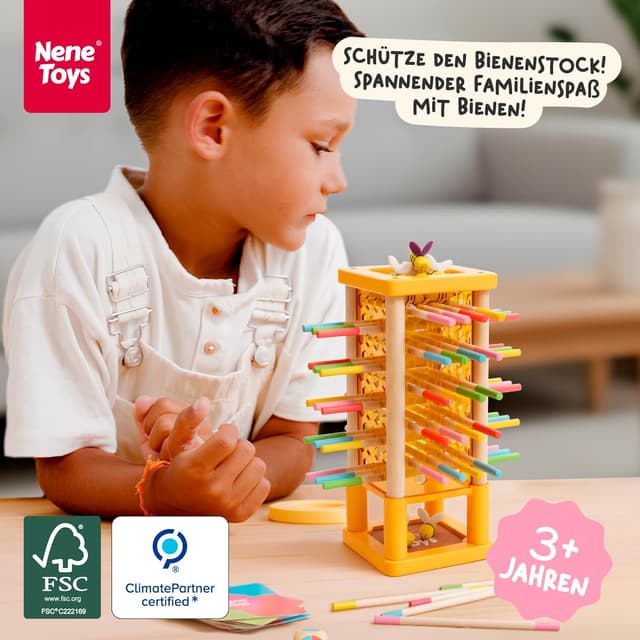 Thumbnail 1 de Nene Toys BeeFall Bienen Geschicklichkeitsspiel (4-in-1) mit Würfel, Aktionskarten & Rainbow Sticks – Holz-Turmspiel für Kinder ab 3