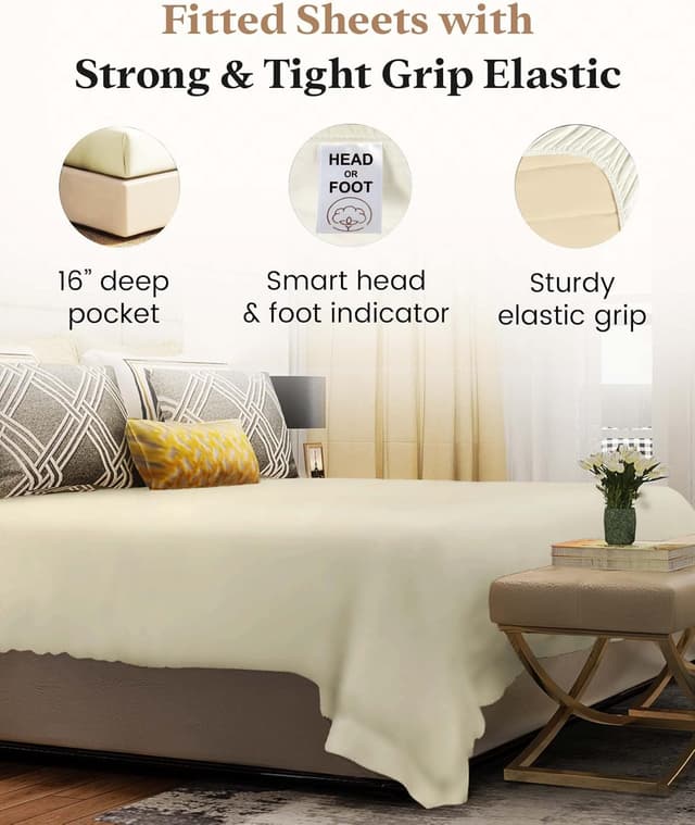 Detalle de Good Sleep Bedding Luxury 100% Egyptian Cotton Super King Fitted Sheet (Ivory) – 1000 Thread Count