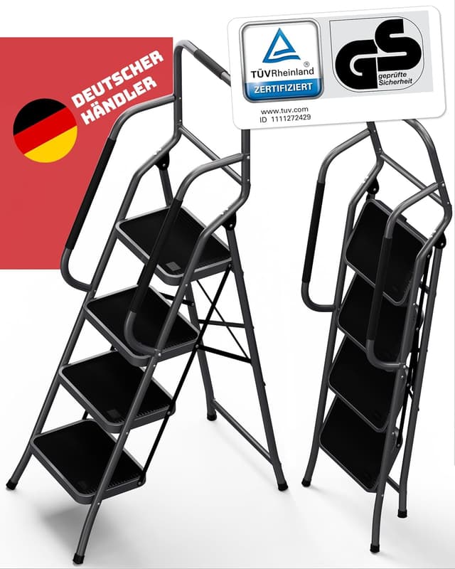 Detalle de Sicherheitsleiter 4 Stufen klappbar mit Handlauf – Trittleiter TÜV Rheinland (SM1042), anthrazit, bis 150 kg