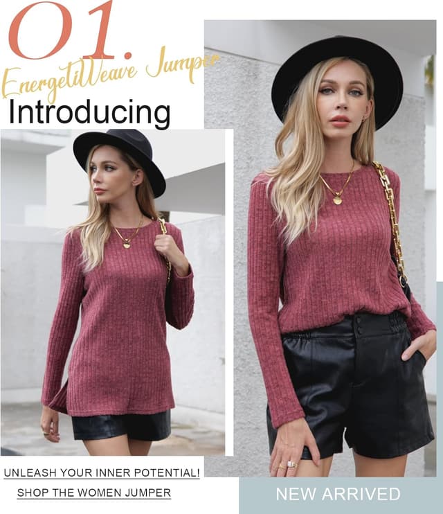 Detalle de Odosalii Damen Pullover mit Rundhalsausschnitt und Langarm – gestreifter Strickpullover mit Seitenschlitz