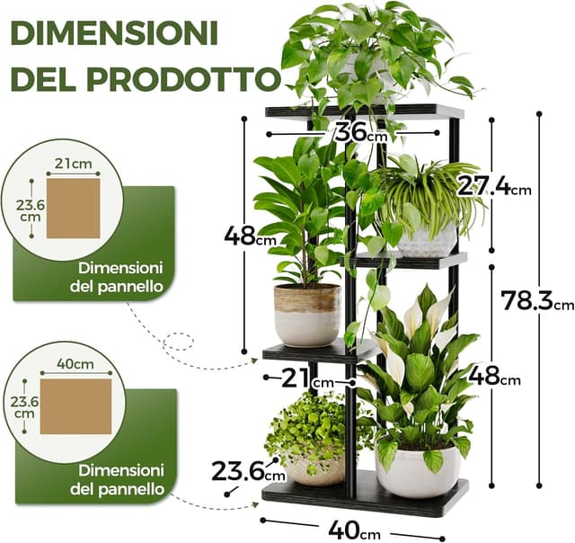 Detalle de Bamworld porta piante verticale da interno ed esterno con 4 ripiani in metallo e legno, nero