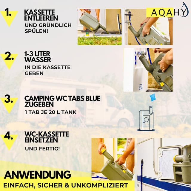 Detalle de AQAHY Camping-Toiletten Zusatz Tabs blue extra stark (Nadelwald WC Drops) – geruchsbindende Chemietoilette-Tabs, ohne WC-Chemie