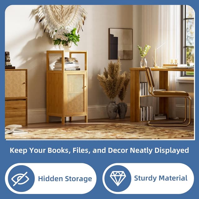 Detalle de HITNET Rattan Badezimmerschrank mit Einzeltür – schmaler Bambus-/Rattan-Bodenschrank für enge Ecken