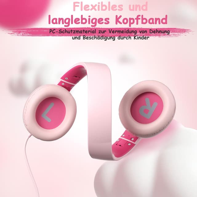 Detalle 2 de TONOSHARK Kinderkopfhörer mit Kabel klappbar (3,5-mm-Klinke), Mikrofon, Gehörschutz 85/94 dB – Rosa
