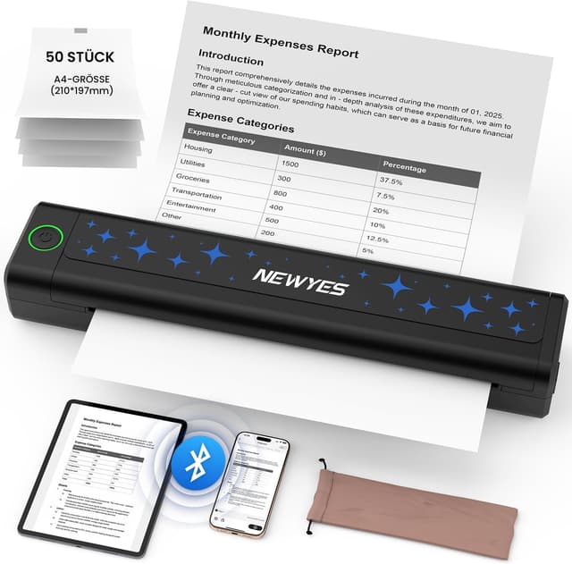 Detalle de NEWYES Tragbarer Thermodrucker für A4 (300 dpi) – Bluetooth-Drucker für Geschäftsreisen & Studium
