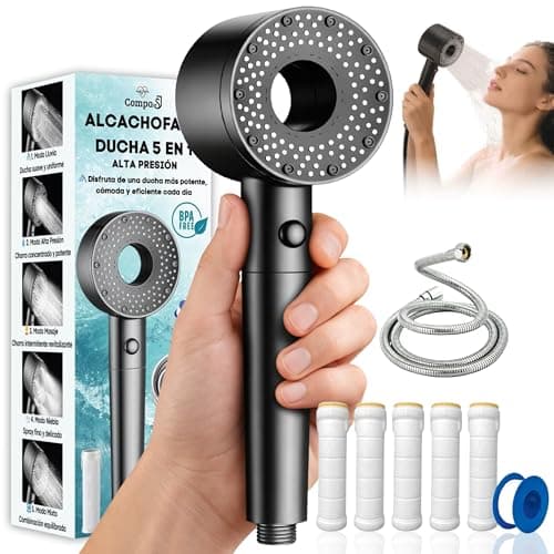 Detalle de CompaSJ Alcachofa de ducha con filtro y alta presión (1,5 m) con 5 modos y 5 filtros antical + PTFE