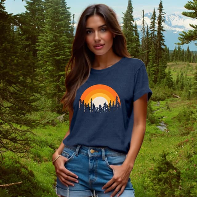 Detalle de Qskall Women’s Hiking T-Shirt – Adventure Forest Sunset Tee for Camping & Everyday Wear
