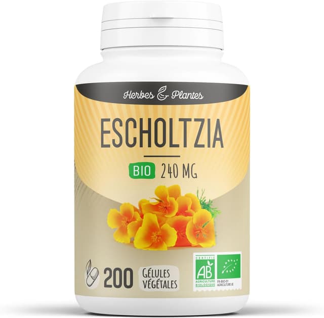 Detalle de Escholtzia Bio en gélules végétales 250 mg – Herbes Et Plantes, lot de 200 gélules