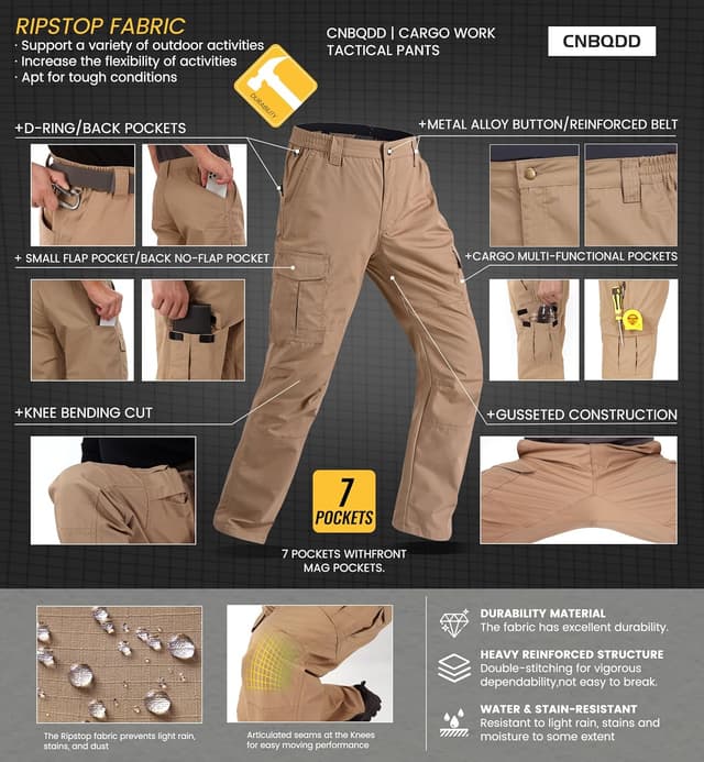 Detalle de CNBQDD Men’s Ripstop Waterproof Cargo Work Pants with 7 Pockets (Tactical/Hiking)