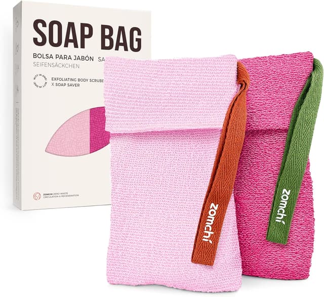 Detalle de ZOMCHI Sacs à savon exfoliants : pochette rugueuse + pochette souple (2 pièces) rose