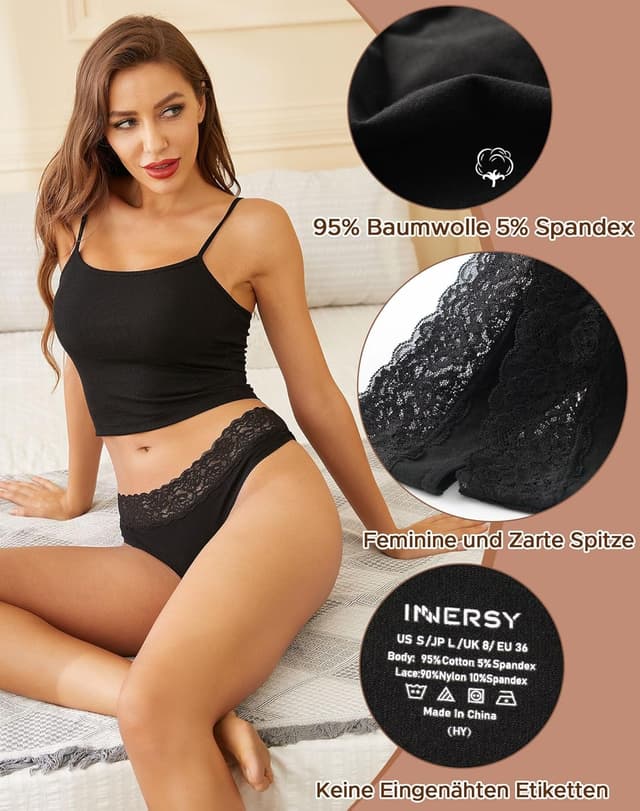 Detalle 2 de INNERSY 6er Pack String Tanga Damen mit Spitze aus Stretch-Baumwolle (Hipster)