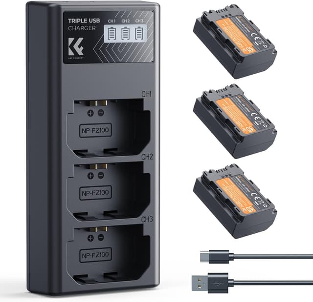 Detalle de K&F CONCEPT 3-Pack NP-FZ100 Battery and Triple Slot Charger (A7iv/FX3/FX30/ZV-E1 and more)