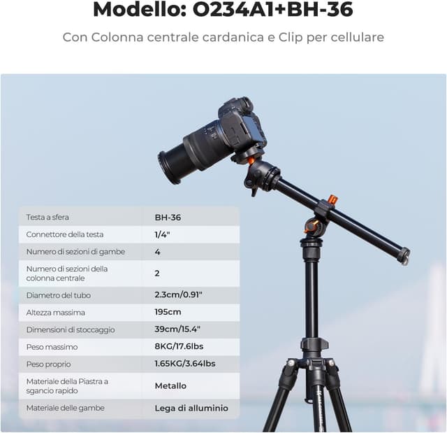 Thumbnail 5 de K&F Concept Treppiede da viaggio 195 cm per fotocamera e smartphone