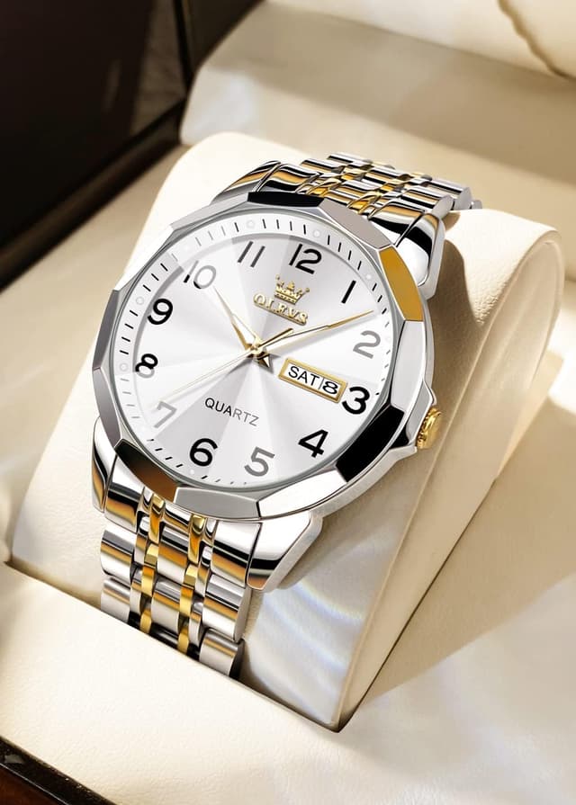 Detalle 2 de OLEVS Business-Kleid Luxus-Herrenuhr Gold/Silber mit Leuchtziffern, Quarzwerk und 30 m Wasserdicht