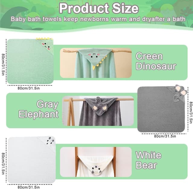 Detalle 2 de Abnaok 3 Pack Hooded Baby Towels (80x80cm) – Ultra Soft Newborn Towels with Animal Design