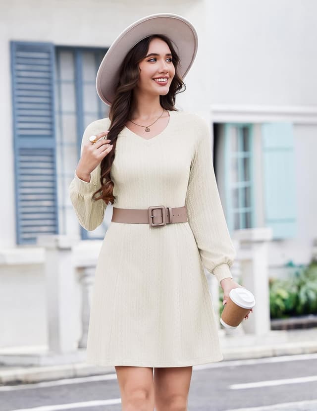 Detalle de Zeagoo Women’s Long Sleeve V-Neck Jumper Dress with Lantern Sleeves (Cable Knit Look)