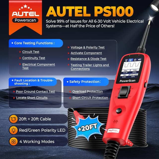 Detalle 2 de Autel PowerScan PS100 Automotive Circuit Tester 2.0 (12-24V) with 20ft Extension Cord