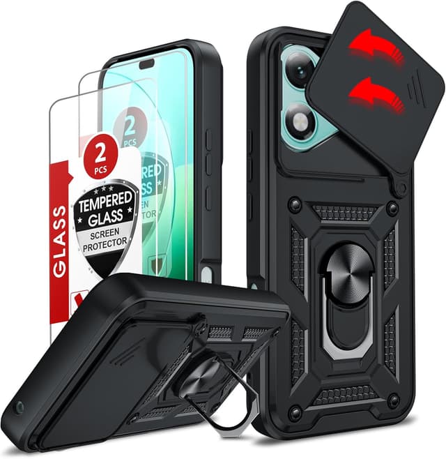 Detalle de LeYi for Honor 400 Lite 5G rugged phone case with sliding camera cover, ring stand & 2 tempered glass protectors (Black)