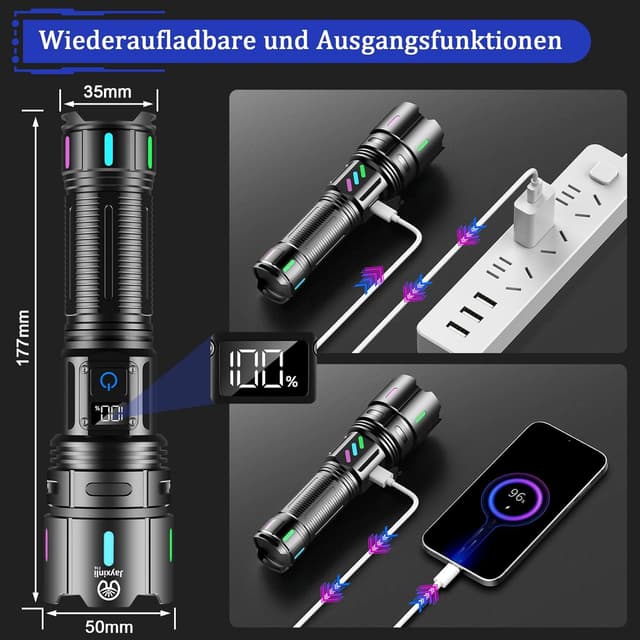 Detalle 2 de Jayxinli Torcia LED ricaricabile da 1.000.000 lumen con USB-C, zoom e display LCD (5 modalità)