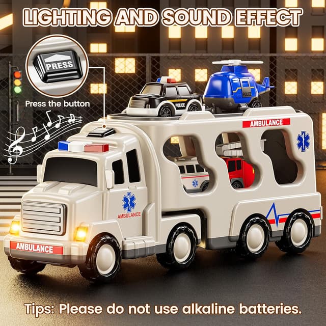 Detalle de JUKUDAHU 5-in-1 Play Ambulance Vehicle Set (Friction-Powered Police, Fire, Ambulance + Helicopter)