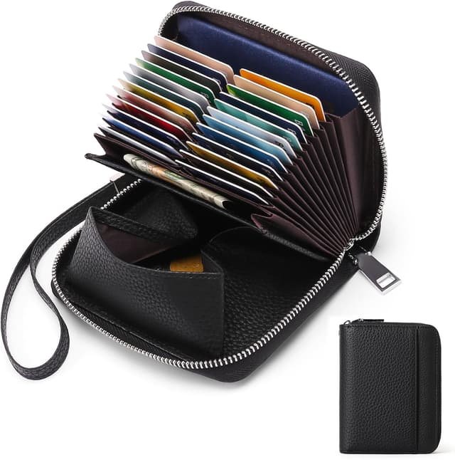 Detalle de SENDEFN women’s leather RFID credit card holder purse with wrist strap, coin pocket (24 slots)
