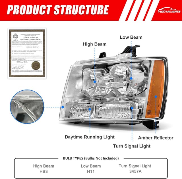 Detalle 2 de ADCARLIGHTS Headlights Replacement Pair for 2007–2013 Chevy Avalanche / 2007–2014 Tahoe / 2007–2014 Suburban (Chrome Housing, Amber Reflector)