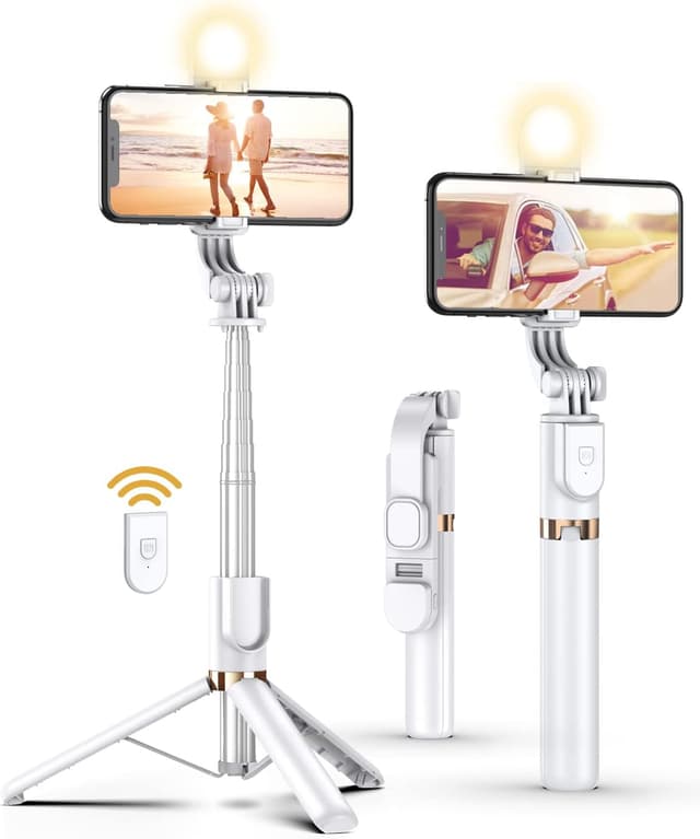 Detalle de Selfie Stick Tripod with Wireless Remote, 46 in Cell Phone Tripod Stick with LED Fill Light
