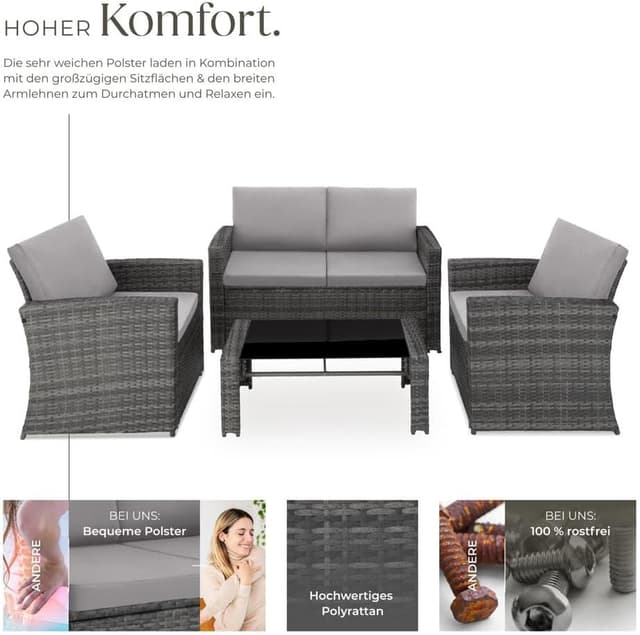 Detalle de tectake Lounge Gartenmöbel-Set aus Poly-Rattan für den Garten/Balkon (12-teilig) – Essgruppe für 4 Personen, Grau/Hellgrau