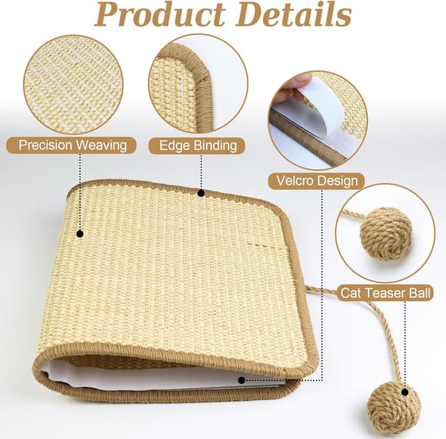 Detalle de Kit 3 tappetini tiragraffi orizzontali in sisal naturale 50x25 cm (anti-scivolo) per gatti