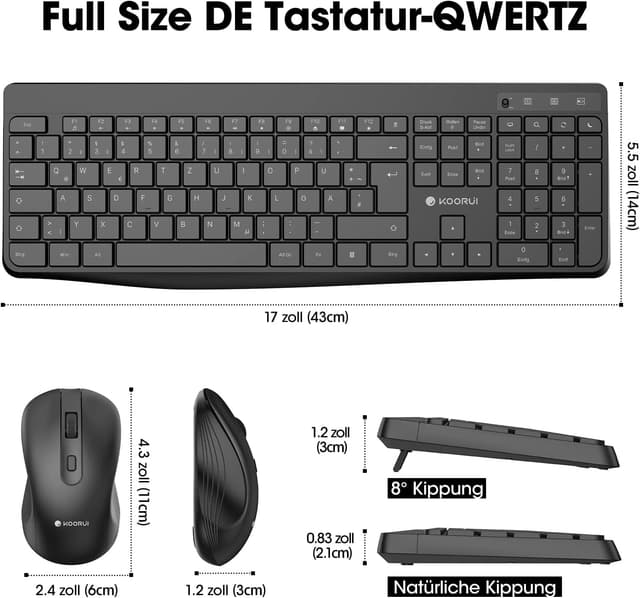 Detalle de KOORUI kabelloses Tastatur-und-Maus-Set (QWERTZ, deutsches Layout) mit leiser Maus, 2,4 GHz Funk – schwarz