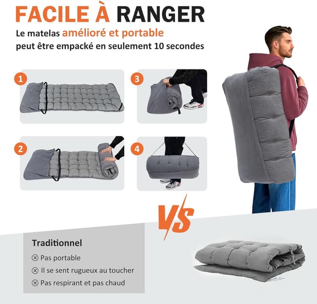 Detalle de Lit de camping pliable ATORPOK SHOP (capacité 200 kg) avec coussin et poche 3 en 1