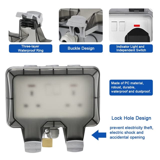 Detalle de Waterproof Outdoor Sockets with 10m Extension Cord – IP66 Weatherproof Double Plug, External Wall 2 Gang Storm Switched Socket