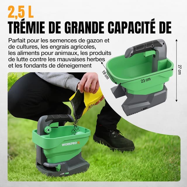 Detalle 2 de WORKPRO Épandeur de graines électrique 7,2 V avec batterie intégrée 2,0 Ah et 8 débits