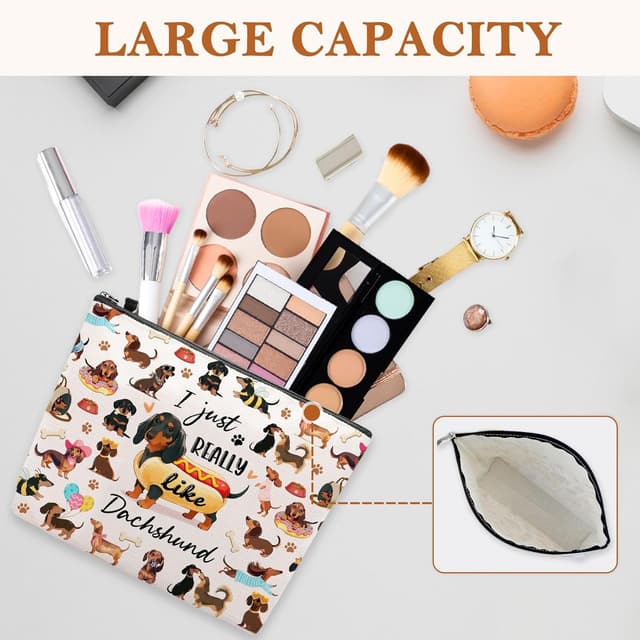 Detalle de Cute Dachshund Makeup Bag – Canvas zip pouch for dachshund lovers, travel & daily essentials
