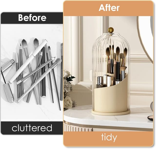 Detalle de YOOLENS 360 Rotating Makeup Brush Holder with Lid (Sliding Door, Dustproof Sections) — White Beige