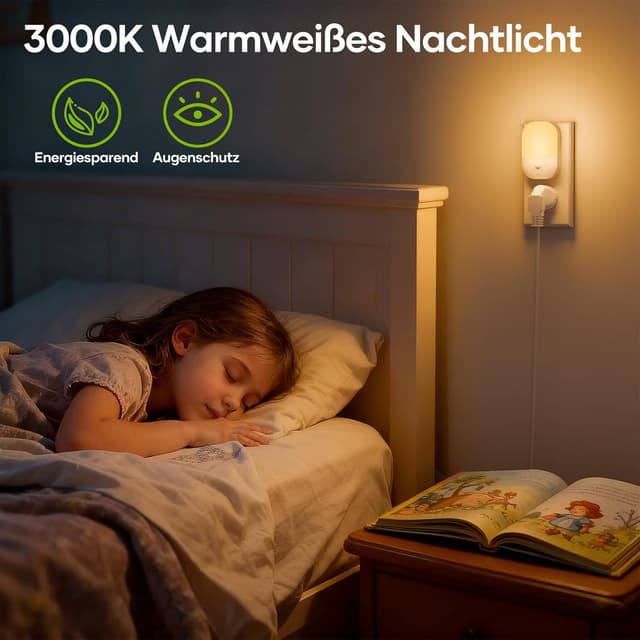 Detalle 2 de Detake Nachtlicht mit Dämmerungssensor (2er-Set) für Steckdose – 5 Helligkeitsstufen, 3 Modi und warmweißes LED-Licht