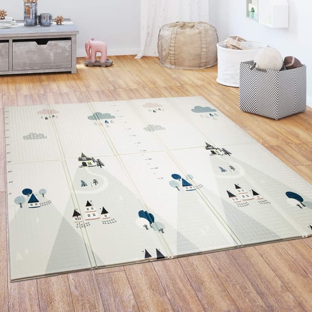 Detalle de Paco Home faltbare Spielmatte/Krabbelmatte für Babys und Kinder, 180 x 200 cm, weiß mit Tiermotiven