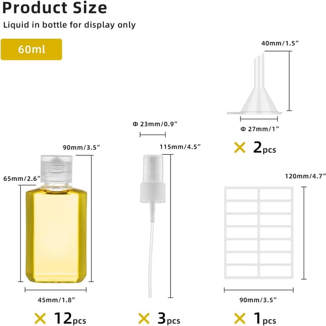 Detalle de Ysimple 12 Pack 60ml Travel Bottles Set with Spray Nozzles, Funnels and Labels
