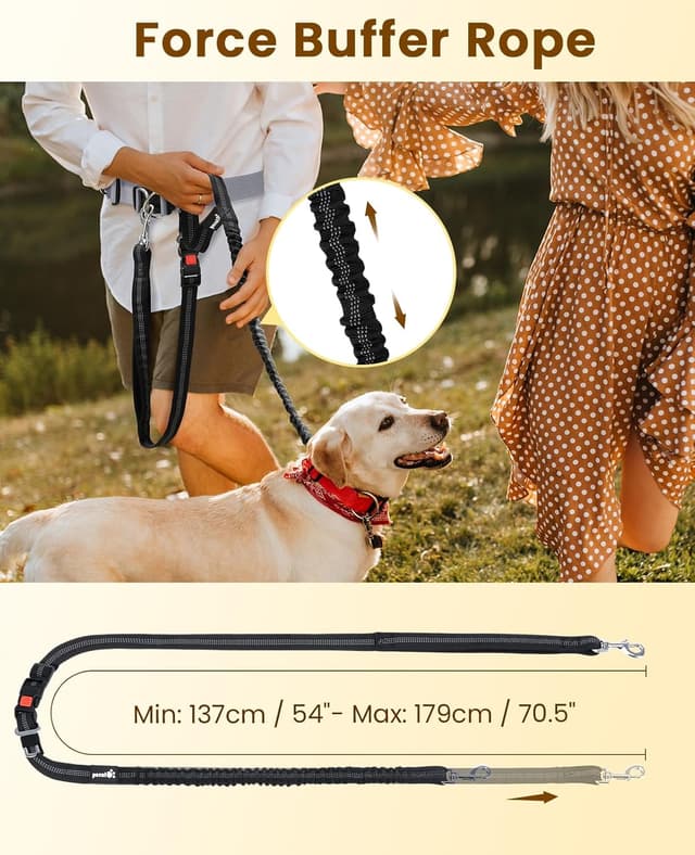 Detalle 2 de Pecute Hundeleine mit Tasche – Hüftgurt mit Pads, stoßdämpfendem Bungee und reflektierenden Streifen