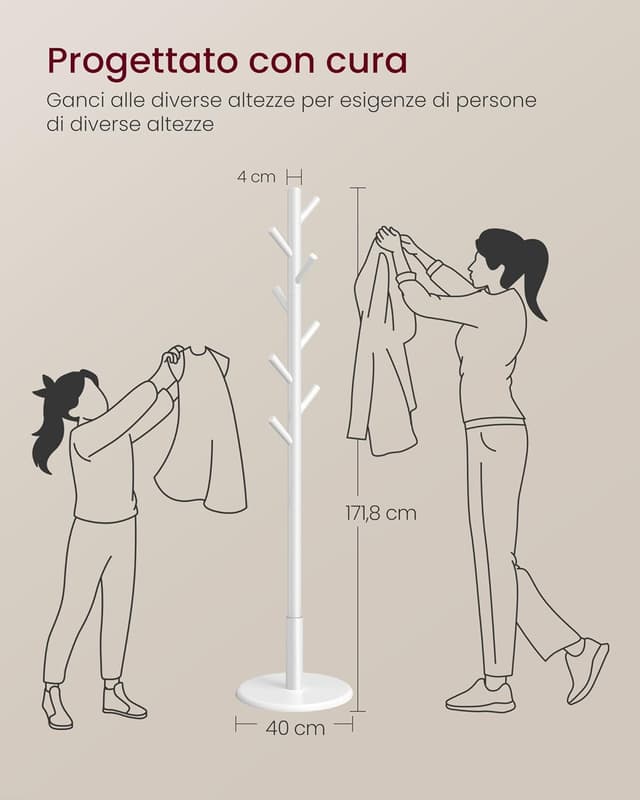 Detalle de VASAGLE Attaccapanni da terra RCR009WH01 in legno con 8 ganci e palo stabile, bianco nuvola