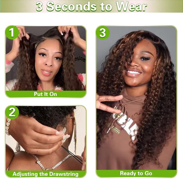 Detalle de QUANDIAN 7x5 Glueless HD Lace Deep Wave Wig (26 Inch) with Drawstring, Pre-Plucked & Pre-Cut 210% Density