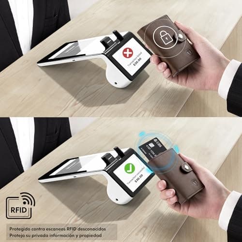 Detalle de TENBST Cartera Tarjetero RFID con bloqueo, billetera pop-up automática de cuero (marrón) para 8 tarjetas